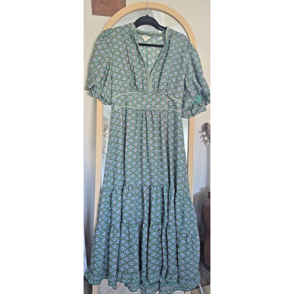 Max Studio Green Floral V-Neck Puff Short Sleeve Midi Milkmaid Boho Dress XL - Picture 12 of 16